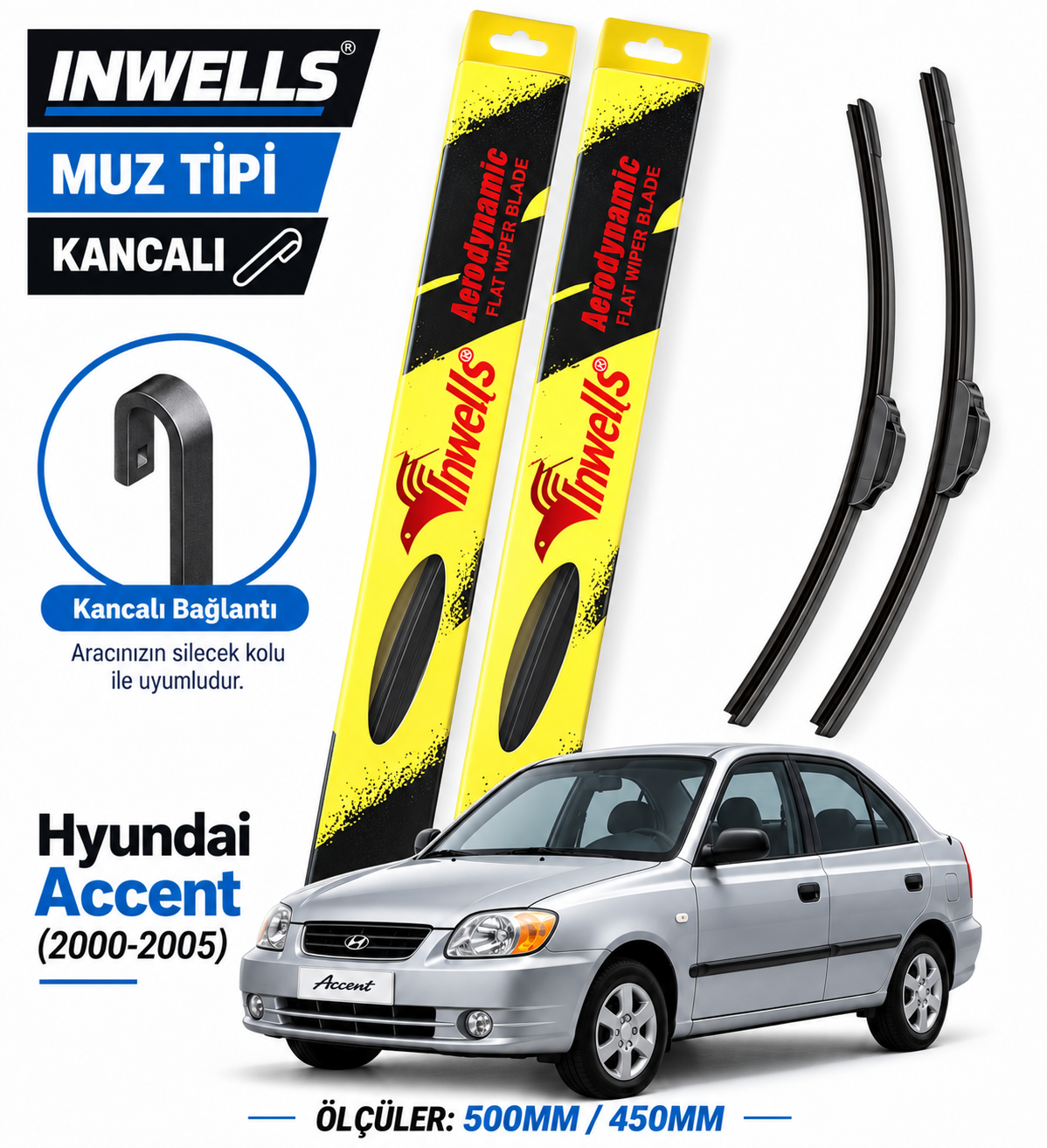 HYUNDAİ ACCENT SİLECEK TAKIMI 2000-2005 INWELLS MUZ TİPİ KANCALI