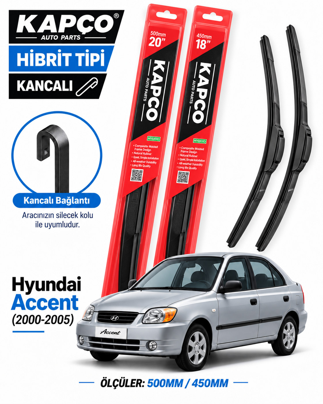 HYUNDAİ ACCENT SİLECEK TAKIMI 2000-2005 KAPCO HİBRİT TİP KANCALI