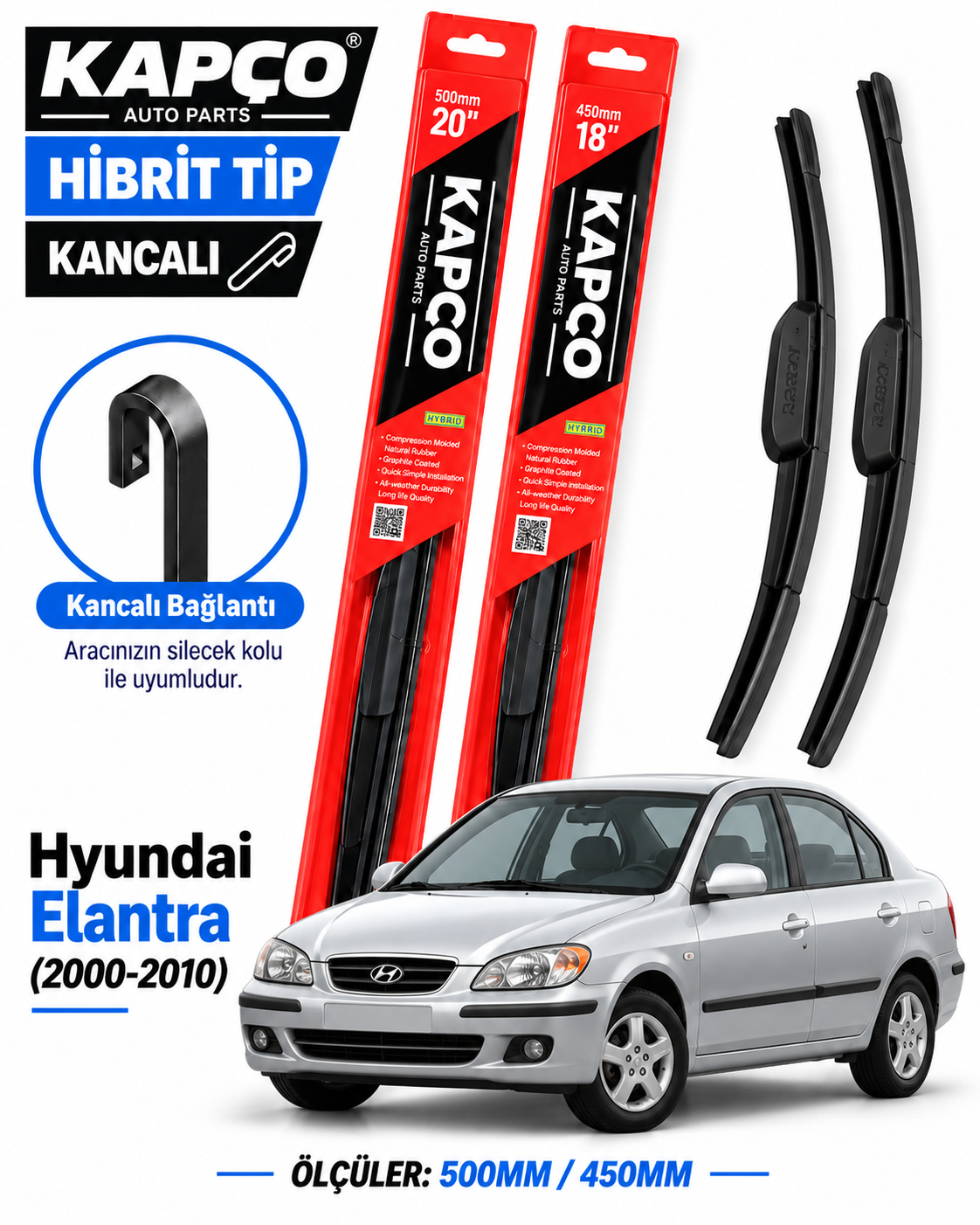 HYUNDAİ ELANTRA SİLECEK TAKIMI 2000-2010 KAPCO HİBRİT TİP KANCALI