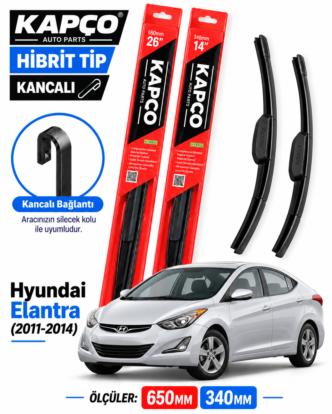 HYUNDAİ ELANTRA SİLECEK TAKIMI 2011-2014 KAPCO HİBRİT TİP KANCALI
