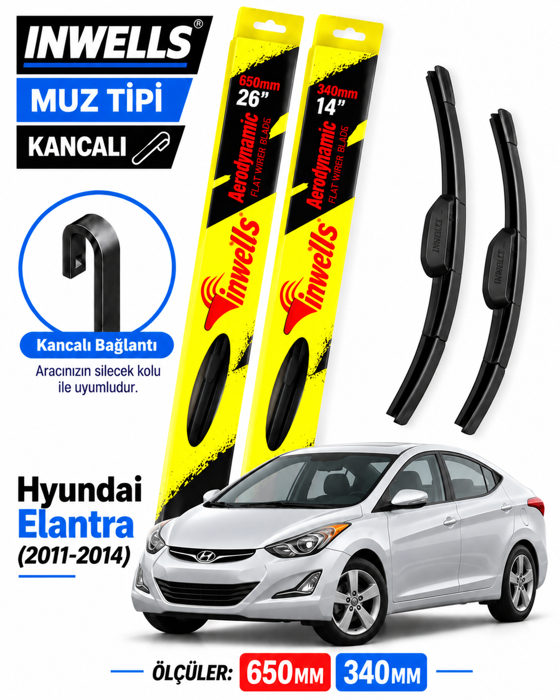 HYUNDAİ ELANTRA SİLECEK TAKIMI 2011-2014 INWELLS MUZ TİPİ KANCALI