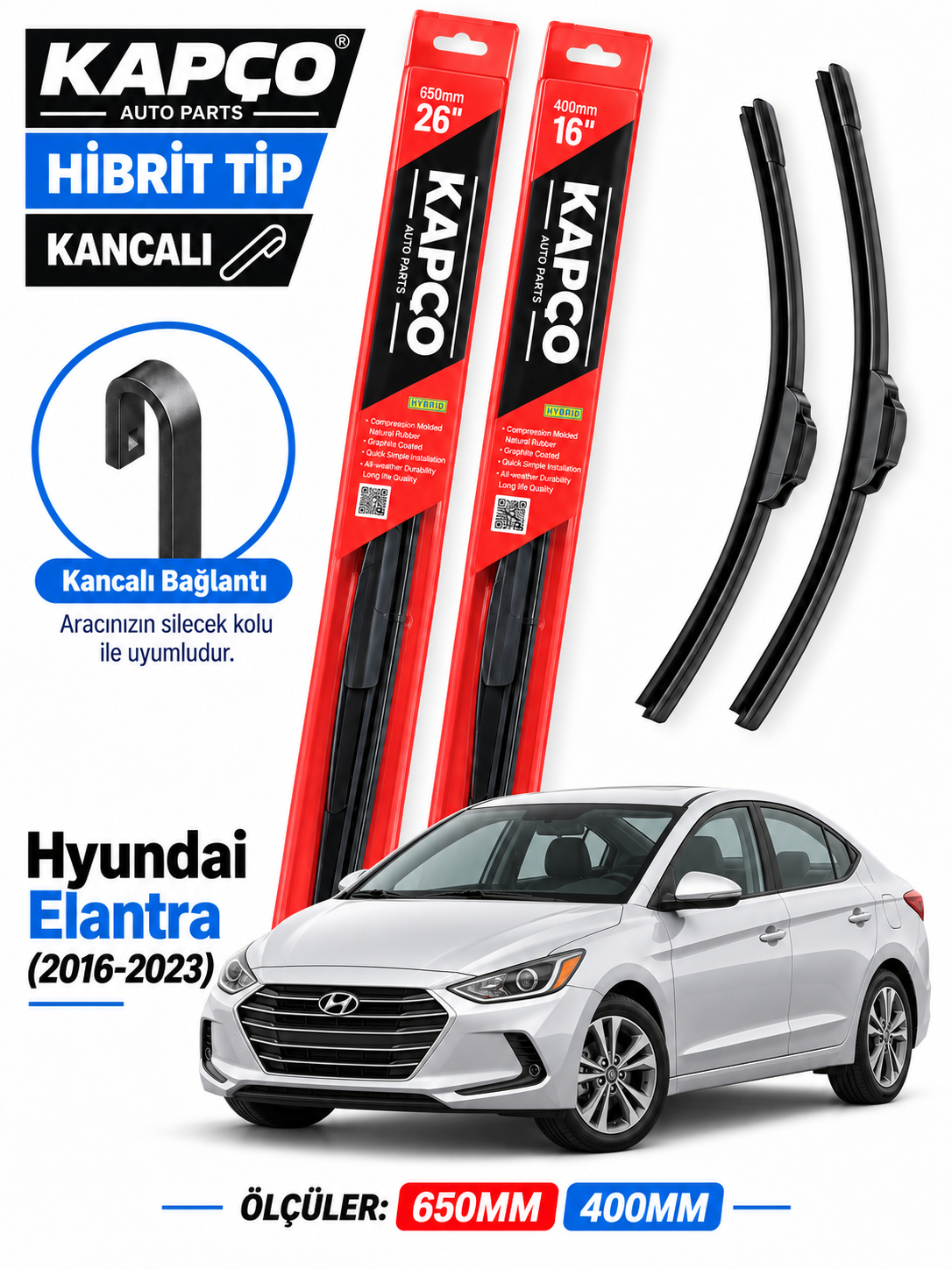 HYUNDAİ ELANTRA SİLECEK TAKIMI 2016-2023 KAPCO HİBRİT TİP KANCALI