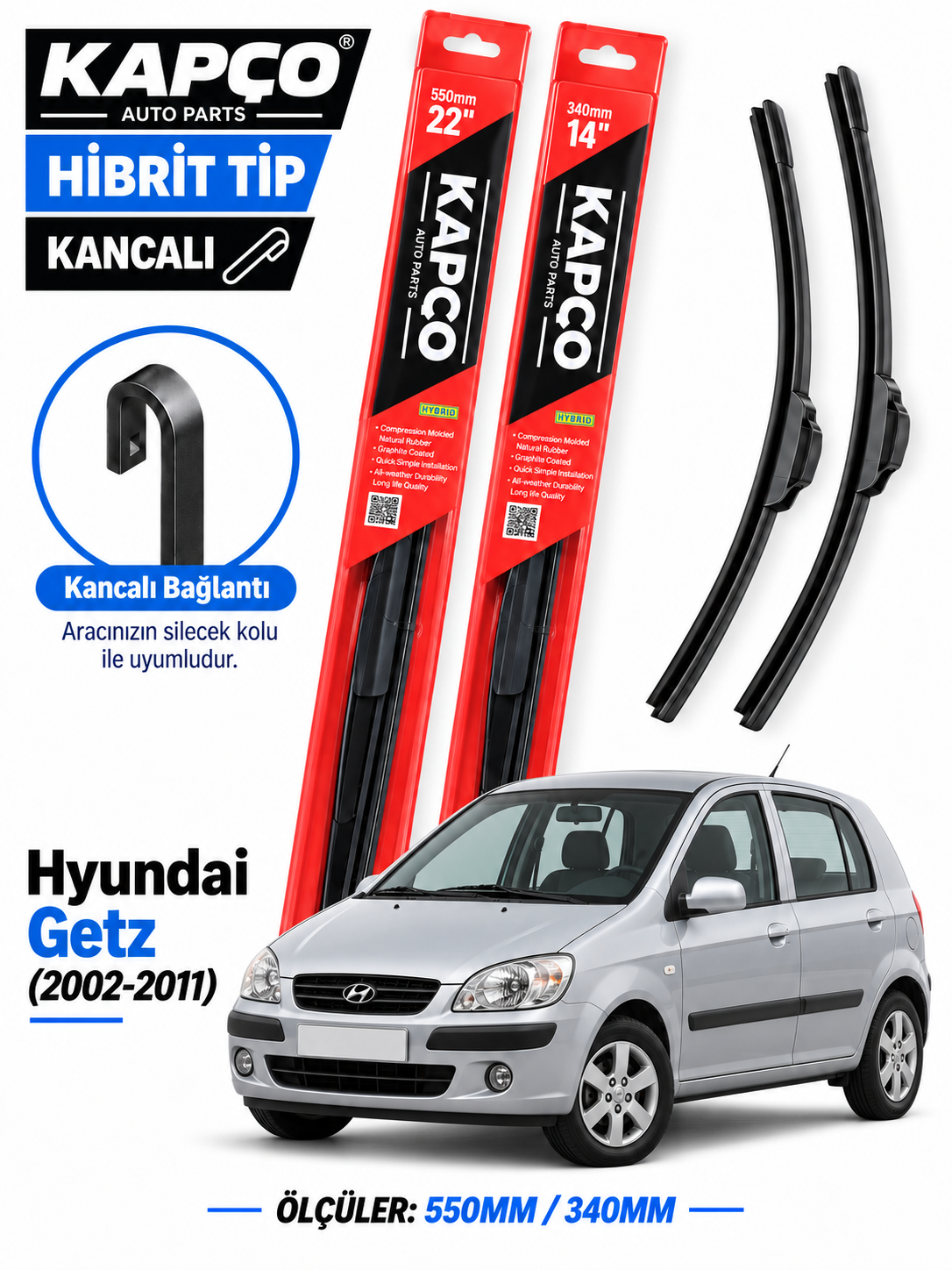 HYUNDAİ GETZ SİLECEK TAKIMI 2002-2011 KAPCO HİBRİT TİP KANCALI