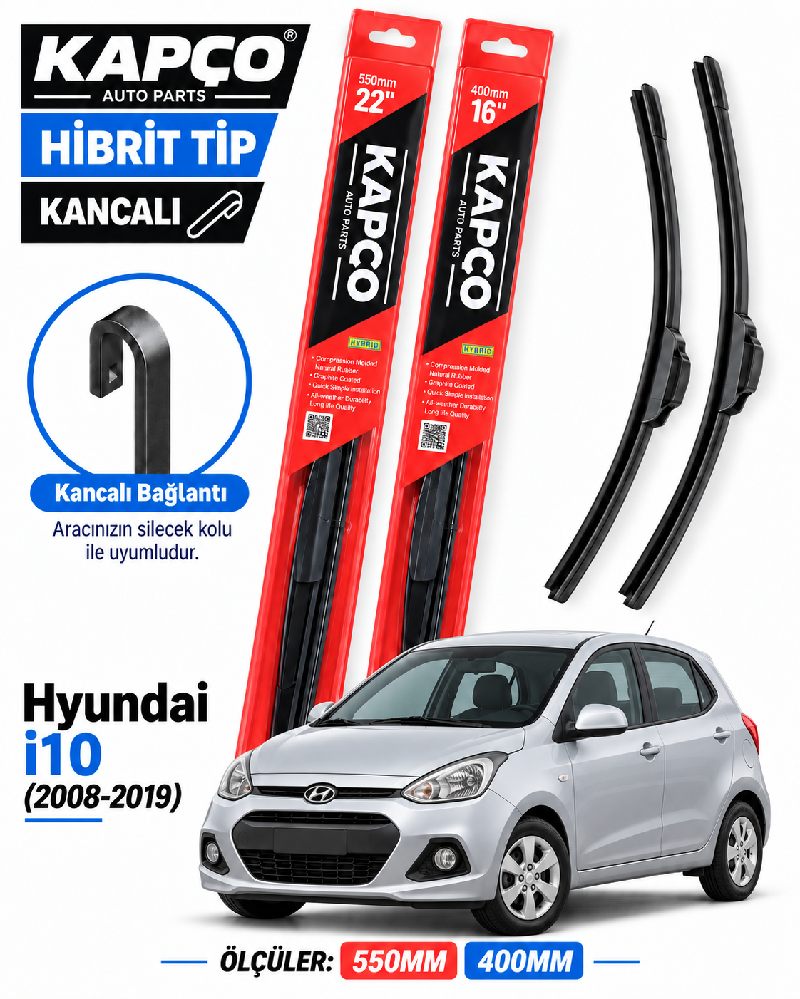HYUNDAİ i10 SİLECEK TAKIMI 2008-2019 KAPCO HİBRİT TİP KANCALI