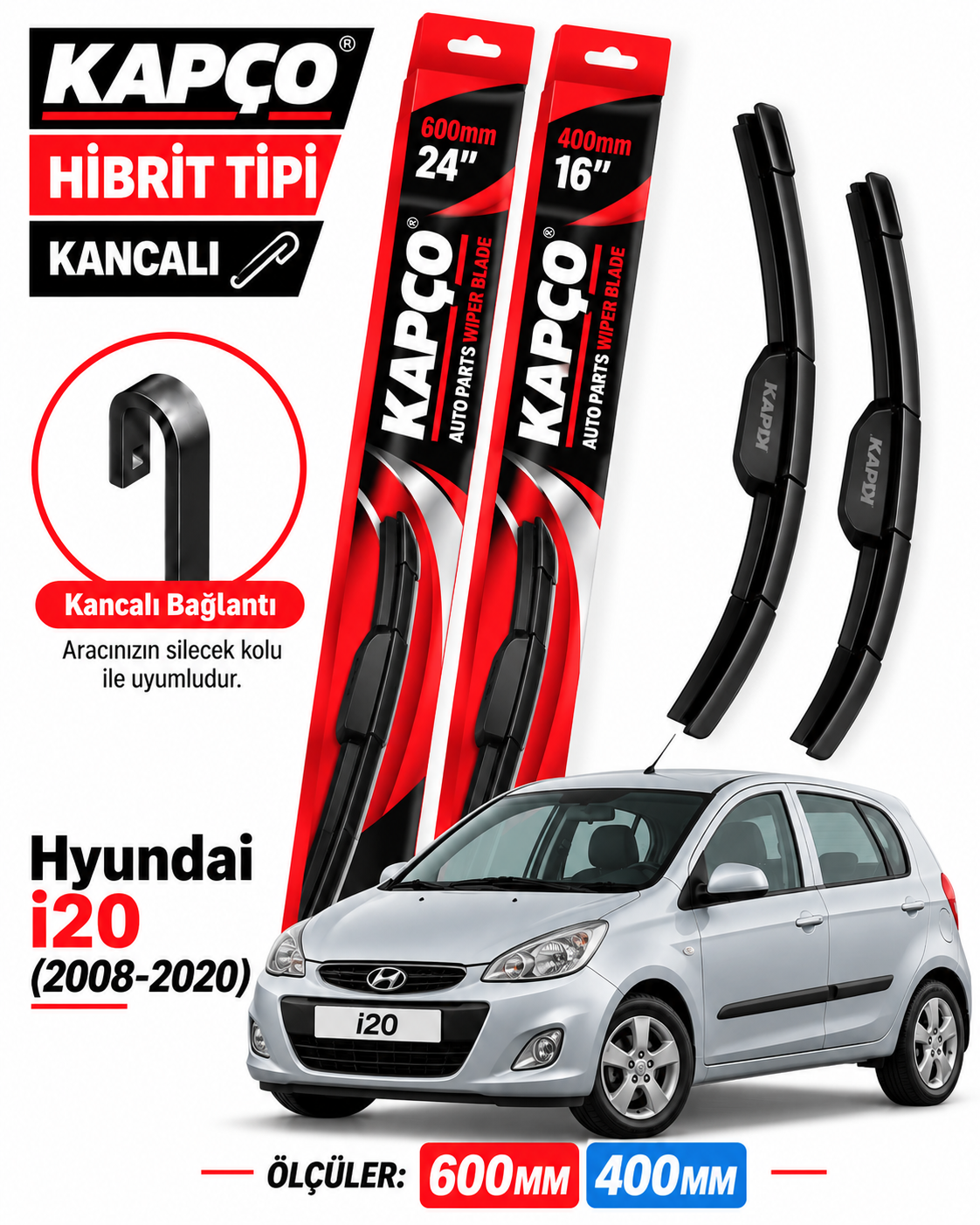HYUNDAİ i20 SİLECEK TAKIMI 2008-2020 KAPCO HİBRİT TİP KANCALI