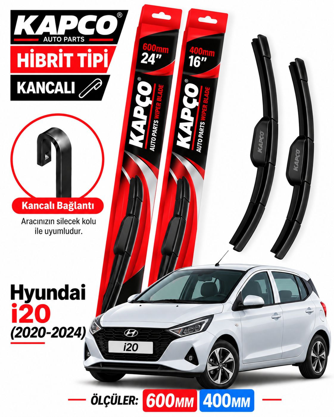HYUNDAİ i20 SİLECEK TAKIMI 2020-2024 KAPCO HİBRİT TİP KANCALI