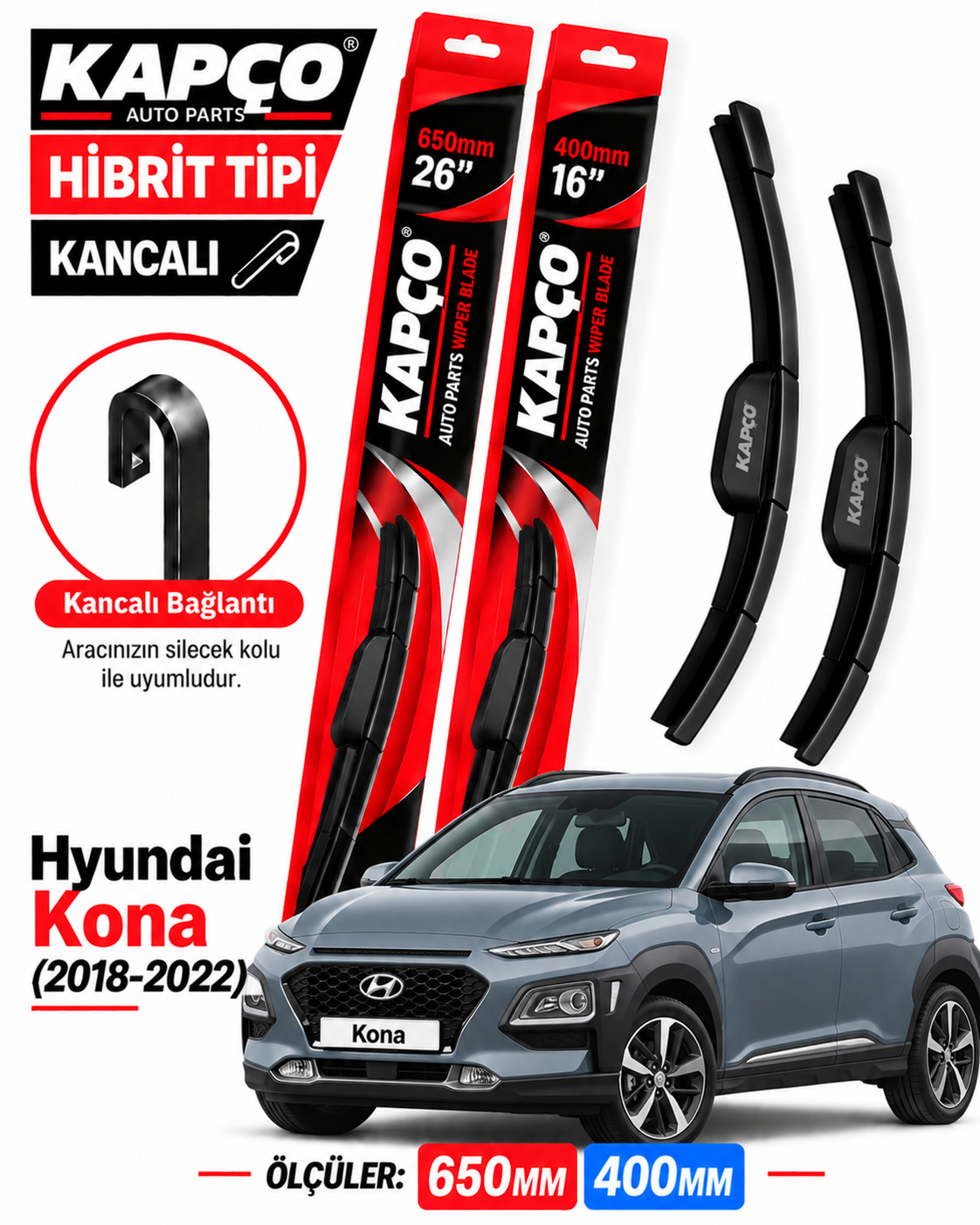 HYUNDAİ KONA SİLECEK TAKIMI 2018-2022 KAPCO HİBRİT TİP KANCALI