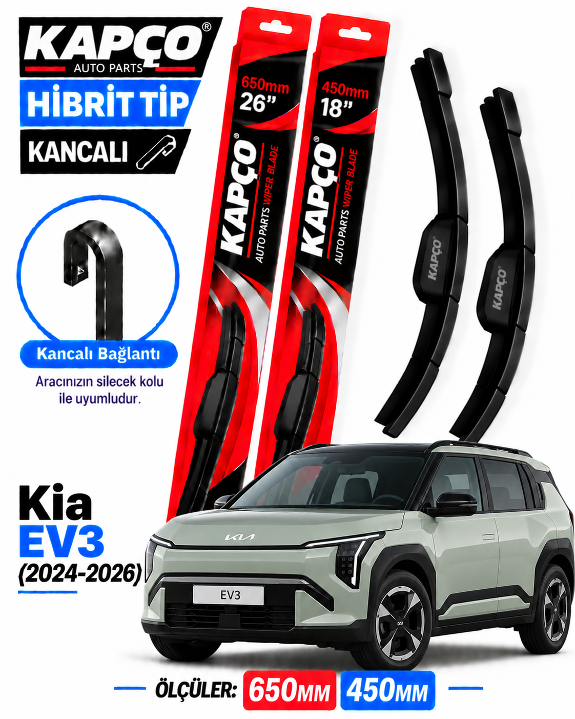 KİA EV3 SİLECEK TAKIMI 2024-2026 KAPCO HİBRİT TİP KANCALI