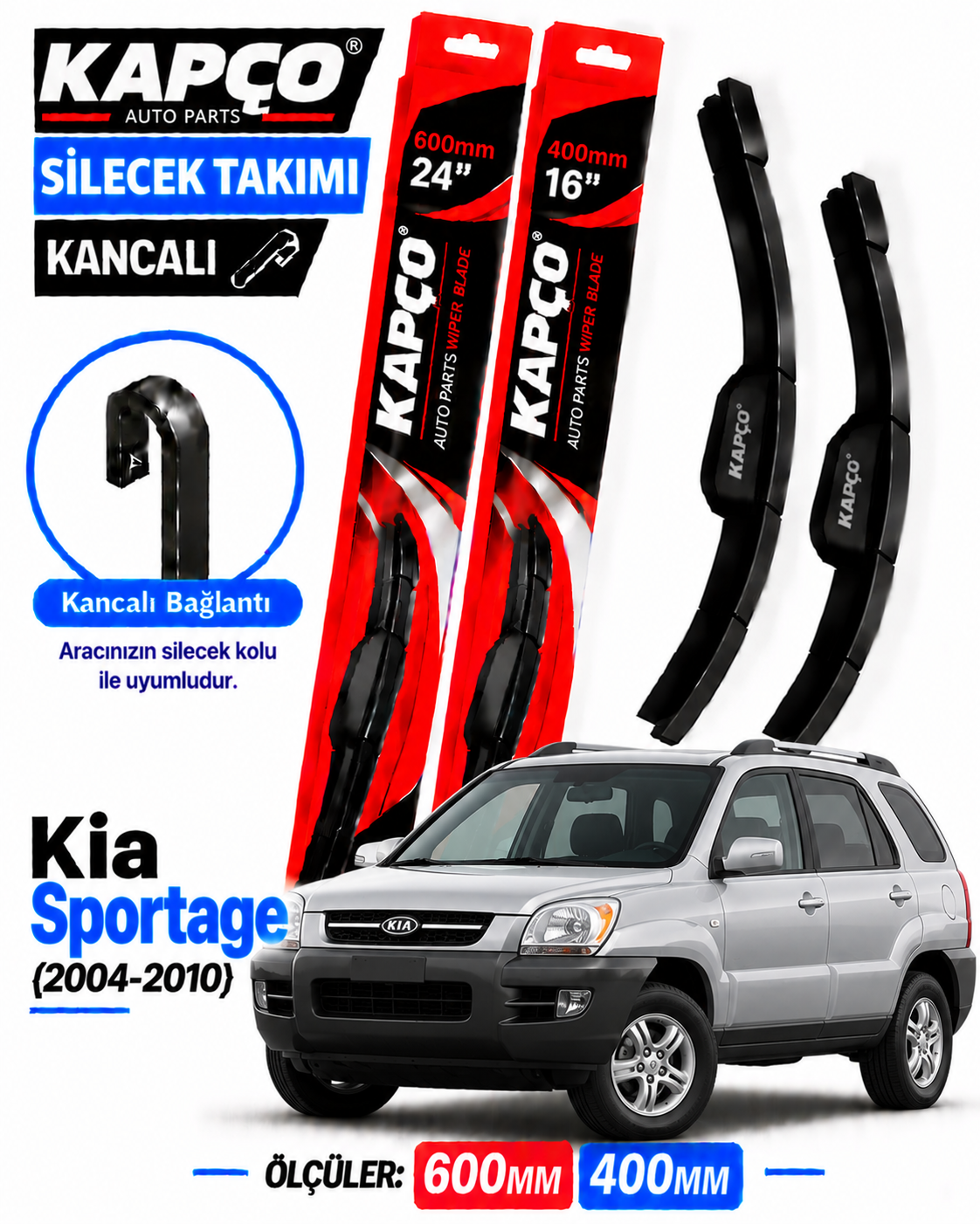 KİA SPORTAGE SİLECEK TAKIMI 2004-2010 KAPCO HİBRİT TİP KANCALI
