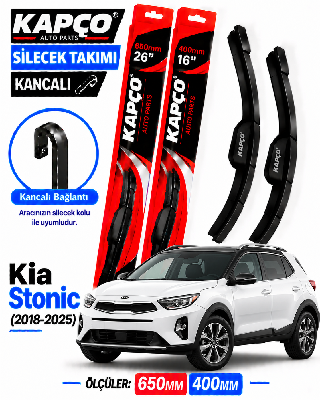 KİA STONİC SİLECEK TAKIMI 2018-2025 KAPCO HİBRİT TİP KANCALI