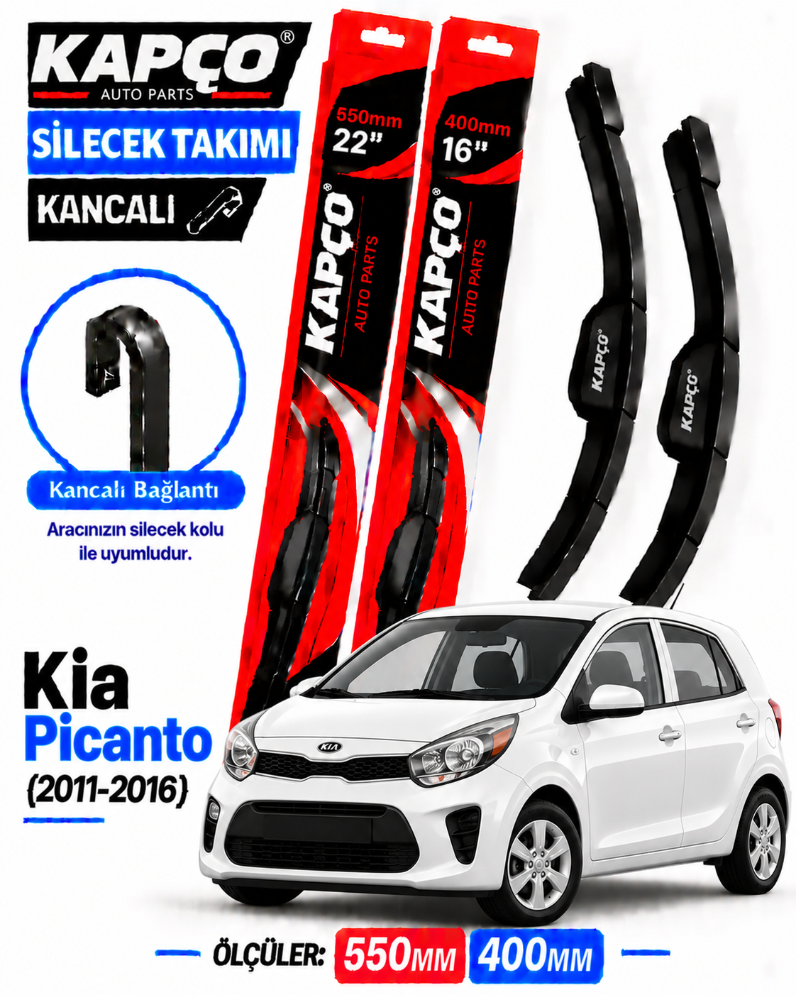 KİA PİCANTO SİLECEK TAKIMI 2011-2016 KAPCO HİBRİT TİP KANCALI