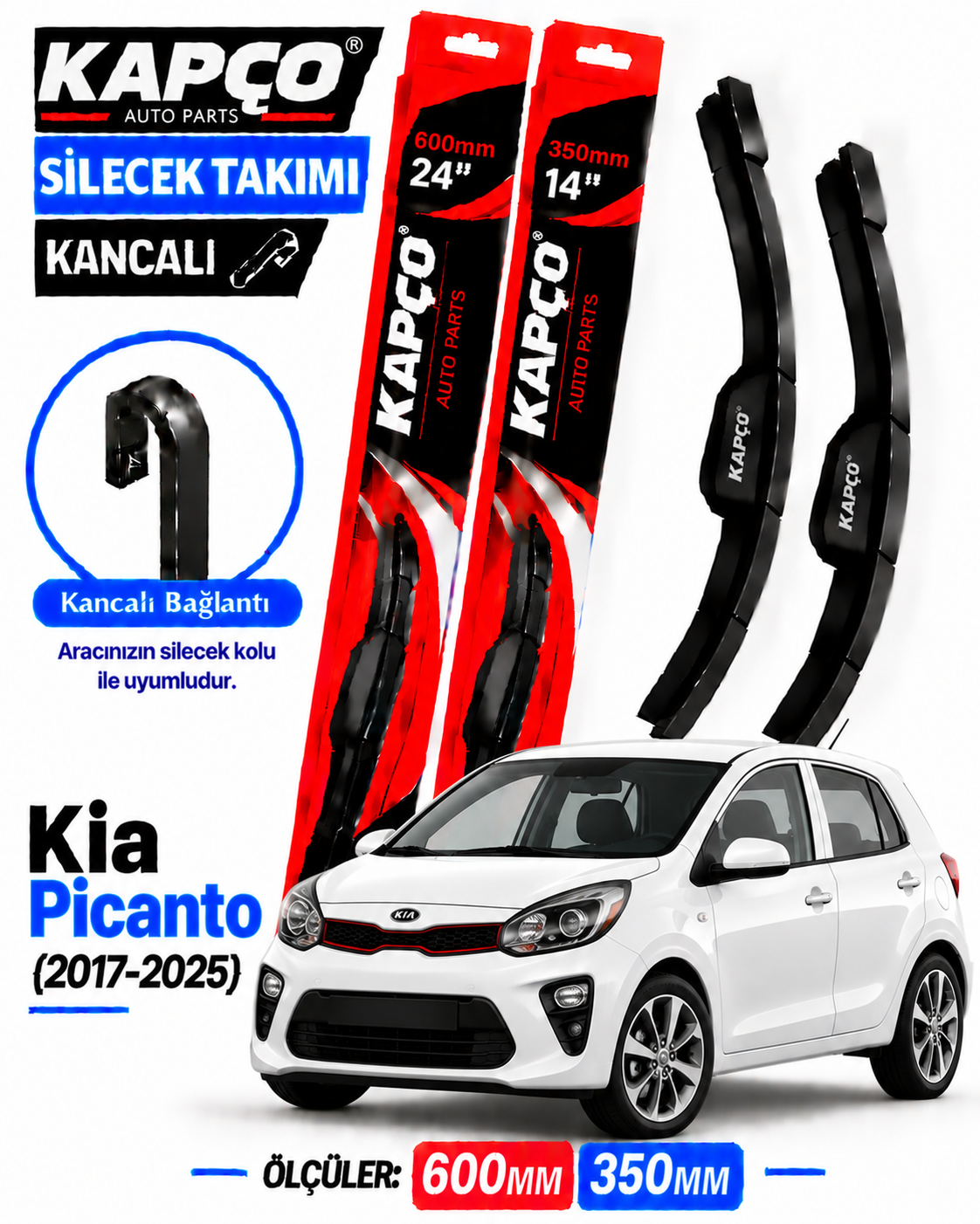KİA PİCANTO SİLECEK TAKIMI 2017-2025 KAPCO HİBRİT TİP KANCALI